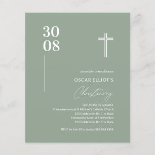 Budget Sage Green Minimalist Christening Invite