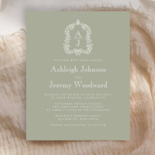 Budget Sage Green Monogram Crest Wedding Invite