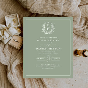 Budget Sage Green Monogram Wedding Invitation