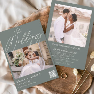 Budget Sage Green QR Code Photo Wedding Invitation Flyer