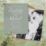 Budget Sage Green Script Photo Wedding Invitation<br><div class="desc">Featuring your photo,  signature style names,  this elegant budget sage green wedding invitation can be personalized with your information in chic lettering. Designed by Thisisnotme©</div>