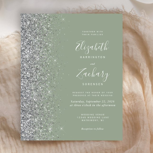 Budget Sage Green Silver Glitter Wedding Invite (Creator Uploaded)