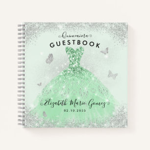 Budget Sage Green Silver Quinceanera Guestbook  Notebook