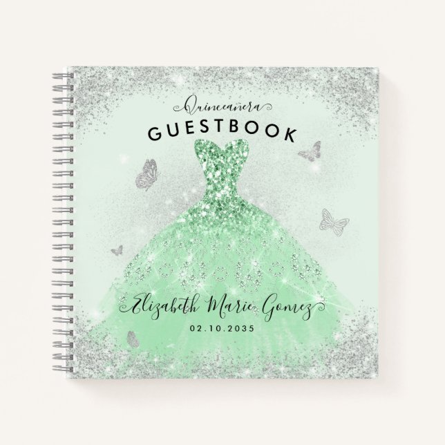 Budget Sage Green Silver Quinceanera Guestbook  Notebook (Front)