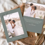 Budget Sage Green Wedding Photo Thank You Cards<br><div class="desc">Budget Sage Green Wedding Thank You Cards that have a photo on the front and back. The Thank you cards contain a modern hand lettered cursive script typography that are elegant,  simple and modern to use after you minimalist simple wedding day celebration.</div>