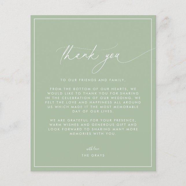 Budget Sage Green Wedding Thank You Card (Front)