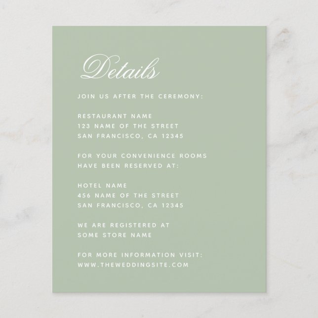 Budget Sage Wedding Details Green Enclosure Card (Front)