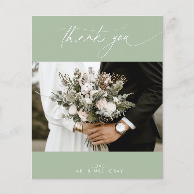 BUDGET Sage Wedding Photo Thank You Card (Front)