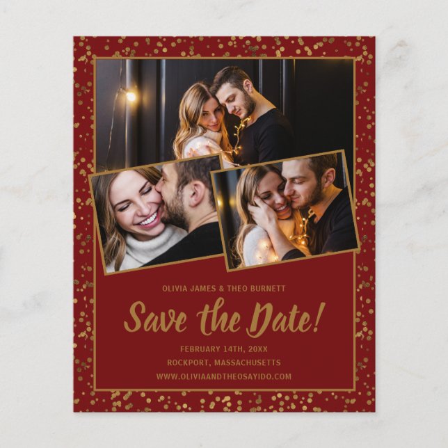 Budget Save the Date Burgundy Gold 3 Photo (Front)