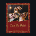 Budget Save the Date Burgundy Gold 3 Photo<br><div class="desc">Elegant burgundy red and gold confetti background frames 3 of your couple's photos. The text is deep gold. Save the Date is written in a bold script text. 4 lines of text let descript your wedding plans to your guests.</div>