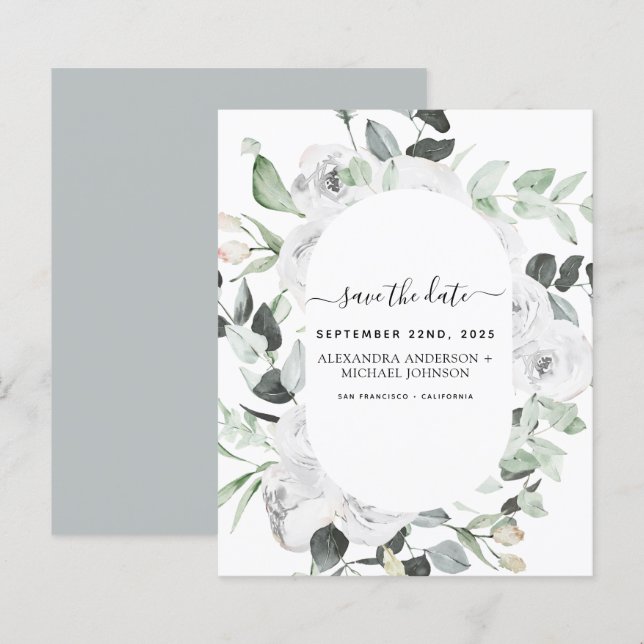 Budget Save the Date Eucalyptus White Floral (Front/Back)