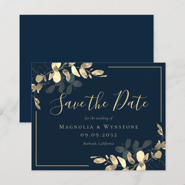 BUDGET Save The Date | Navy Gold Eucalyptus (Front/Back)