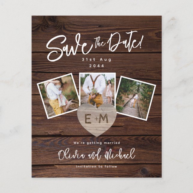 Budget Save The Date Rustic Wood Gold Photos Heart (Front)