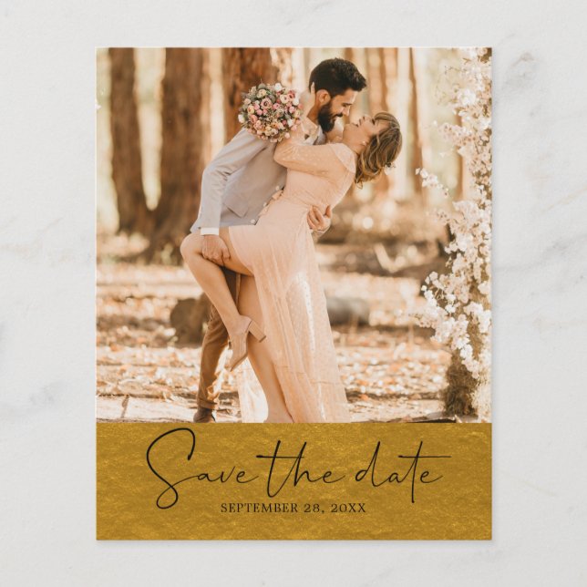 Budget Save the Date Script Classic Gold Photo Flyer (Front)