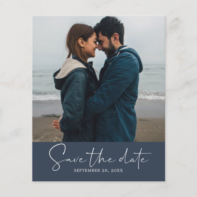 Budget Save the Date Script Dark Blue Photo Flyer (Front)