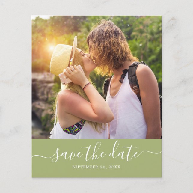 Budget Save the Date Script Leaf Green Photo Flyer (Front)
