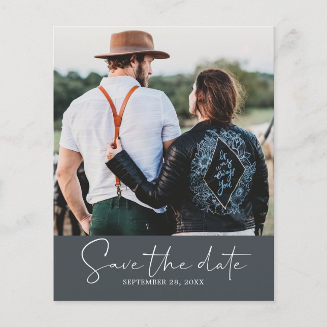 Budget Save the Date Script Off-Black Photo Flyer (Front)