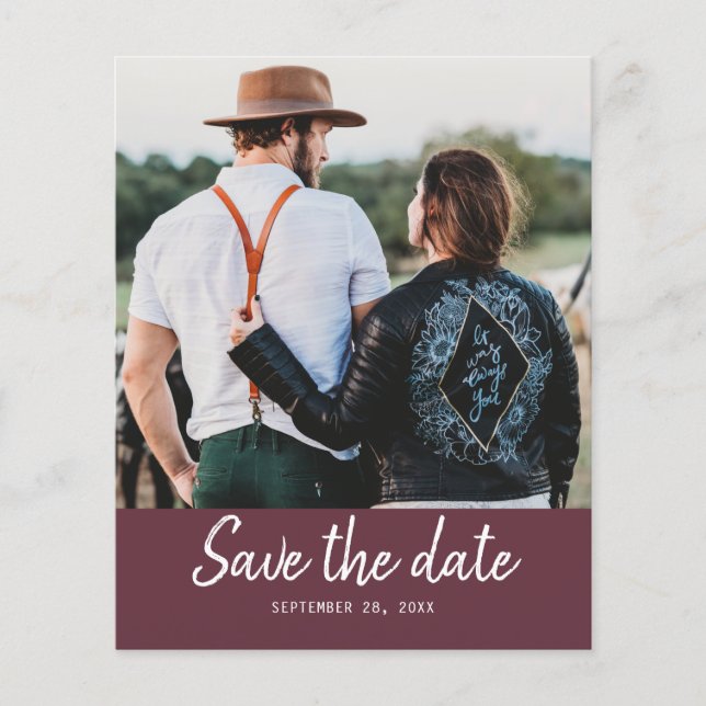 Budget Save the Date Script Photo Burgundy Flyer (Front)