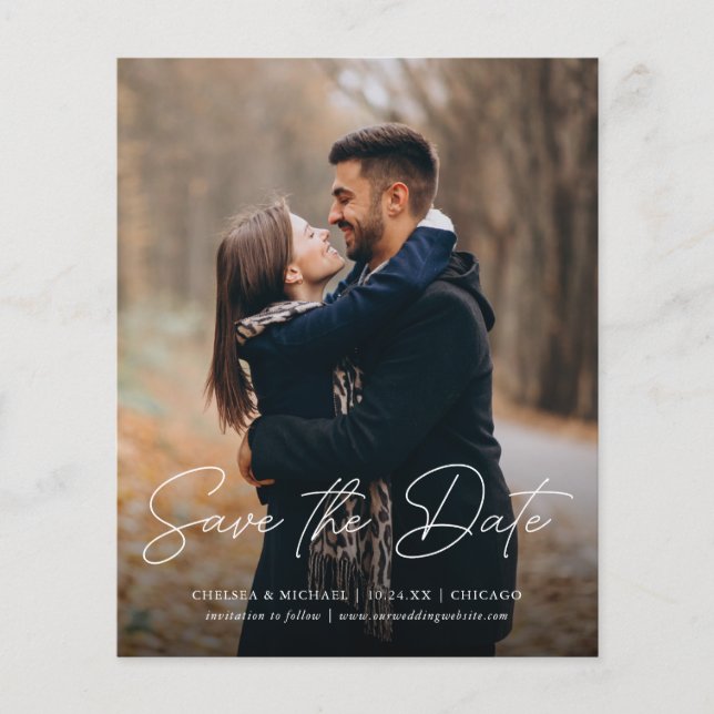 Budget Save the Date Stylish Script Vertical Photo (Front)