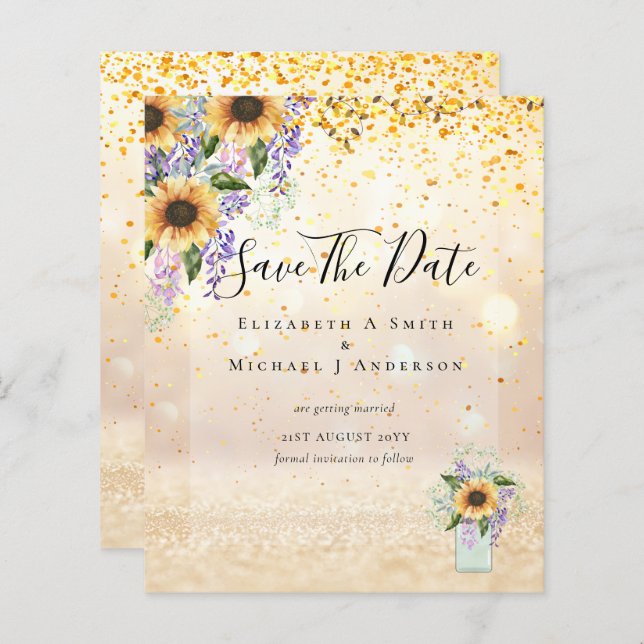 BUDGET SAVE THE DATES Rustic Sunflowers Purple (Front/Back)