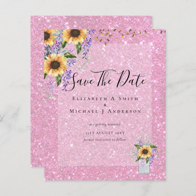 BUDGET SAVE THE DATES Rustic Sunflowers Purple (Front/Back)