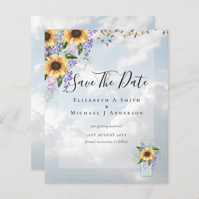 BUDGET SAVE THE DATES Rustic Sunflowers Purple (Front/Back)