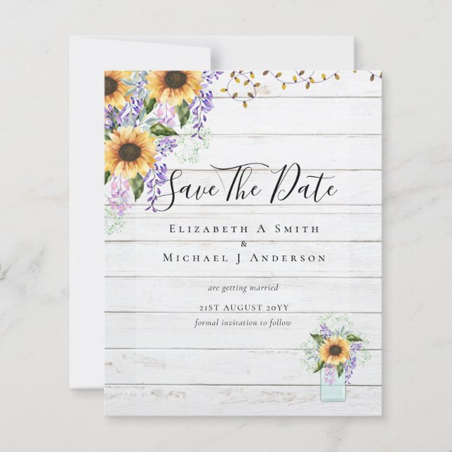 BUDGET SAVE THE DATES Rustic Sunflowers Purple Fly (Front)