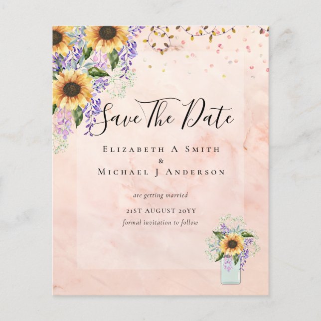 BUDGET SAVE THE DATES Rustic Sunflowers Purple Flyer (Front)