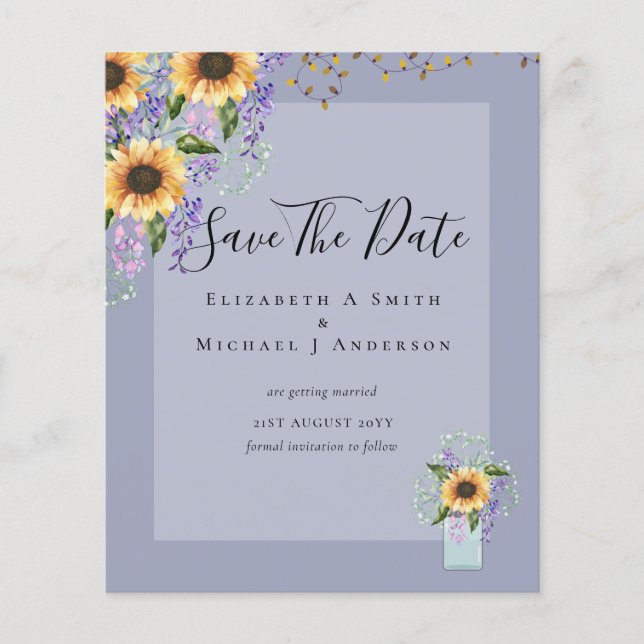 BUDGET SAVE THE DATES Rustic Sunflowers Purple Flyer (Front)