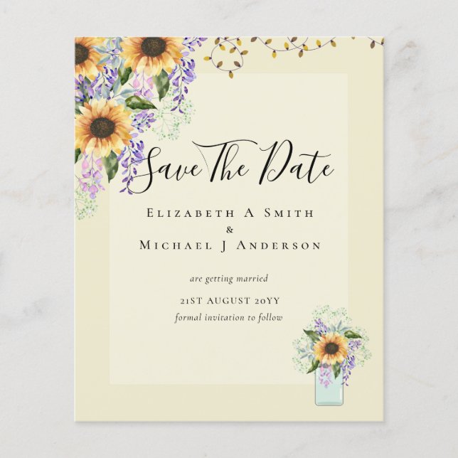 BUDGET SAVE THE DATES Rustic Sunflowers Purple Flyer (Front)