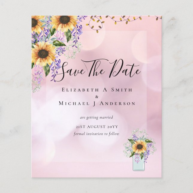 BUDGET SAVE THE DATES Rustic Sunflowers Purple Flyer (Front)