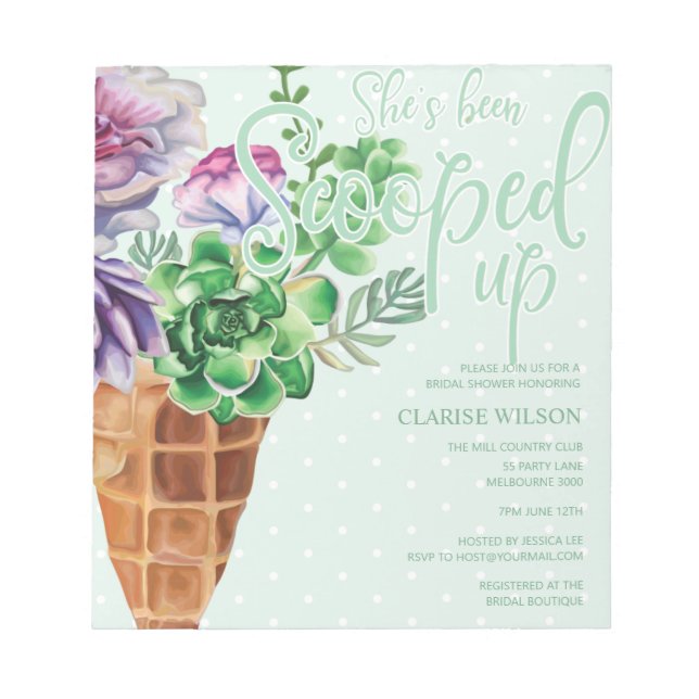 BUDGET Scooped Up Green Bridal Shower Invite Notepad (Front)