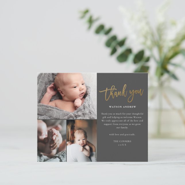 Budget Script 3 Photo Baby Thank You Card (Standing Front)