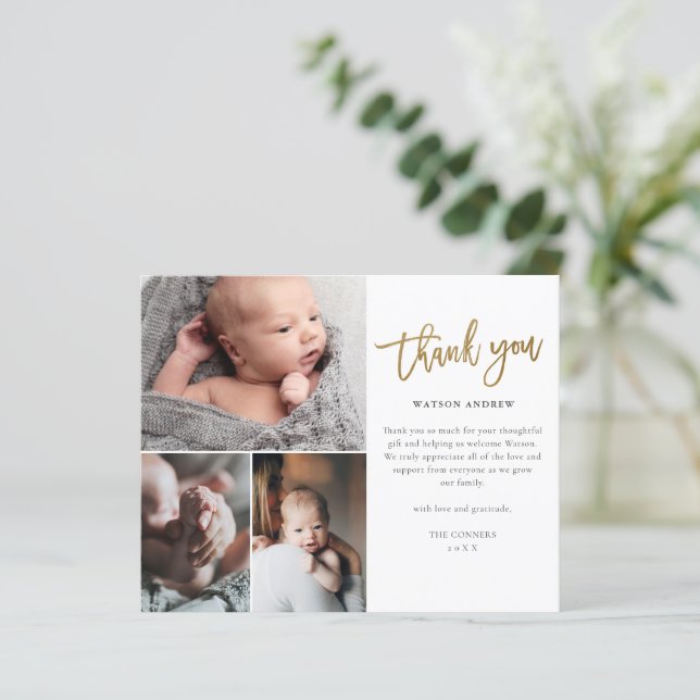 Budget Script 3 Photo Baby Thank You Card (Standing Front)