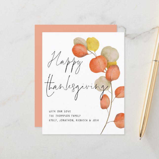 Budget Script Autumn Leaf Happy Thanksgiving Card (Front/Back In Situ)
