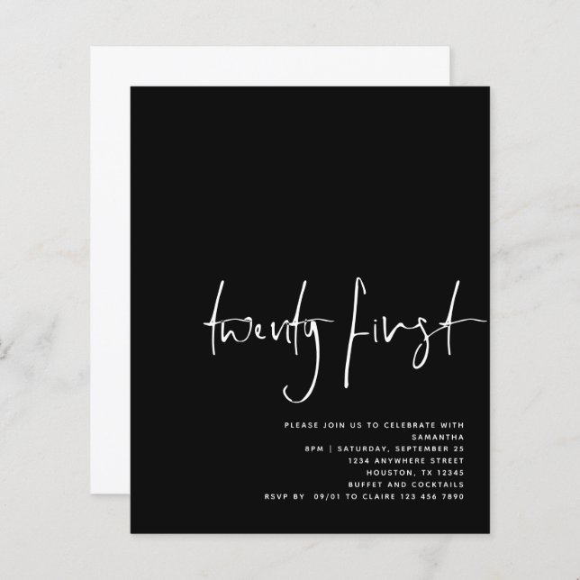Budget Script Black White 21st Birthday Invite  (Front/Back)