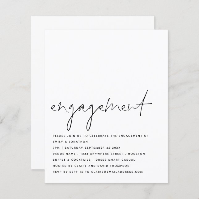 Budget Script Black White Engagement Party Invite (Front/Back)