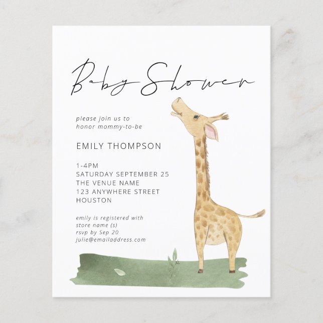 Budget Script Cute Giraffe Baby Shower Invitation (Front)