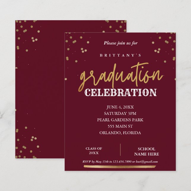 Budget Script Elegant Red Gold Graduation Invite (Front/Back)