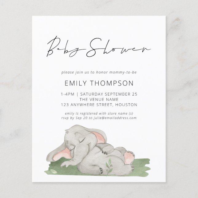 Budget Script Elephant Baby Shower Invitation (Front)