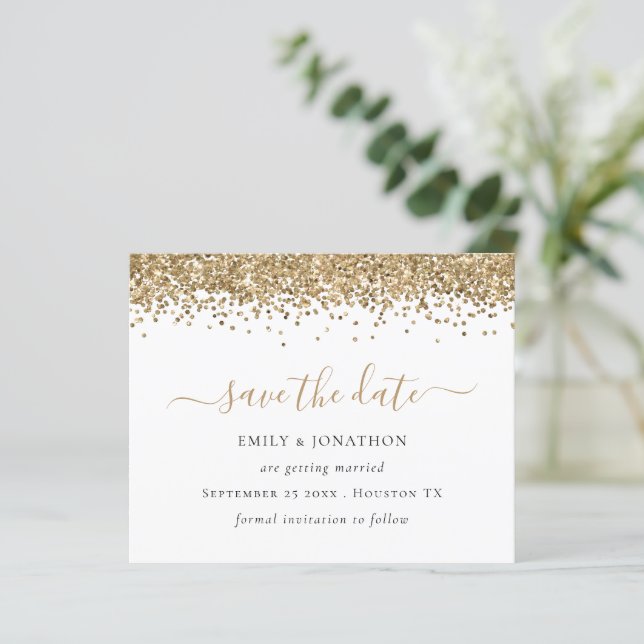 Budget Script Gold Glitter Save the Date  (Standing Front)