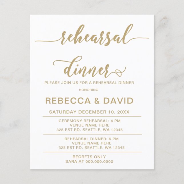 Budget Script Gold Rehearsal Dinner Invitation (Front)