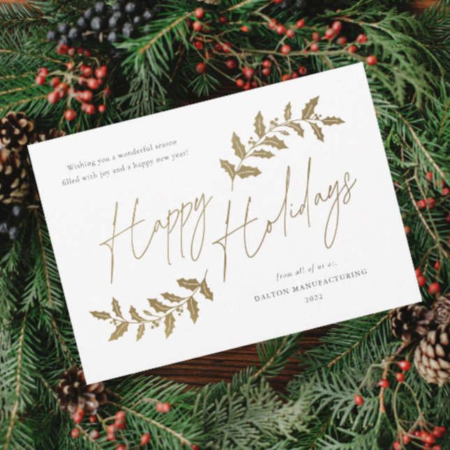 Budget Script Happy Holidays Business Holiday Card (Elegant Script Gold Happy Holidays Greenery Leaves Business Holiday Card.)