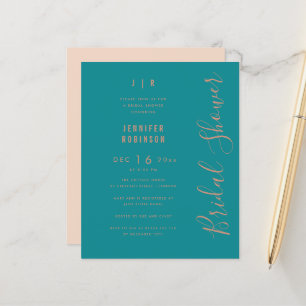 Budget Script Modern Bridal Shower Rose Gold Teal 