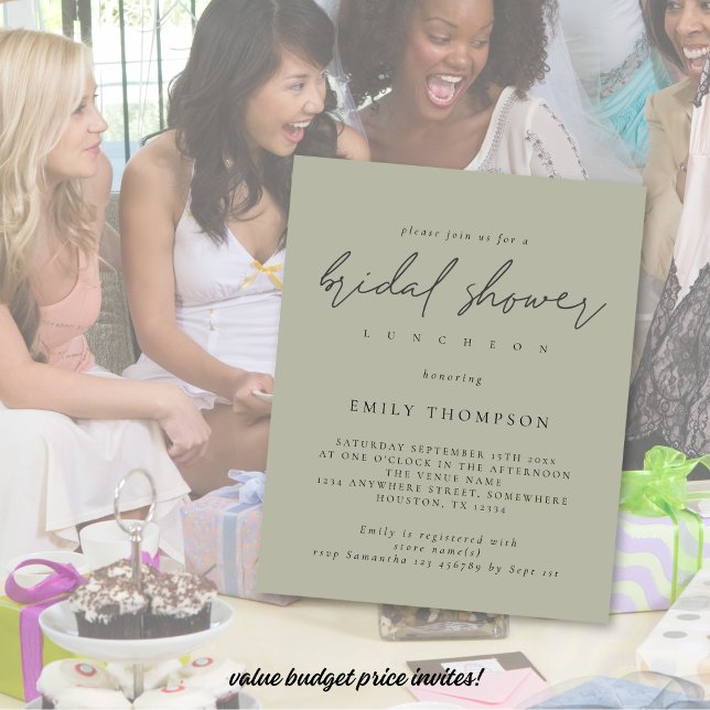 Budget Script Pale Sage Bridal Shower Invitation (Value budget price smaller size 4.5 x 5.6" invitations)