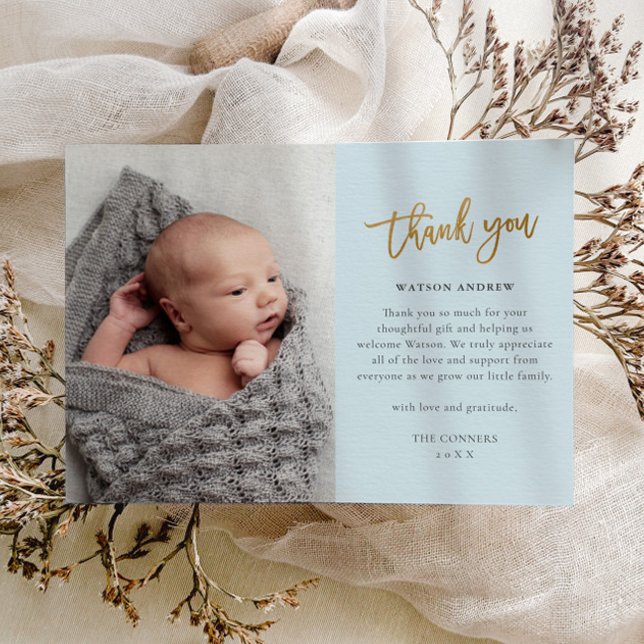 Budget Script Photo Baby Boy Thank You Card (Light blue boys photo baby thank you card.)