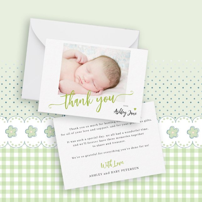 Budget script photo baby shower thank you card (Creator Uploaded)