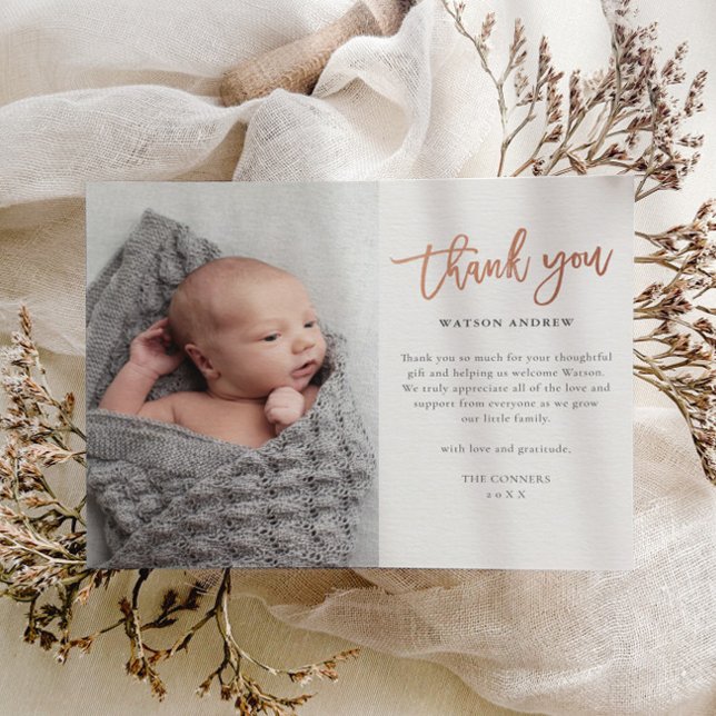 Budget Script Photo Baby Thank You Card (Modern script rose gold photo baby thank you card in ivory.)