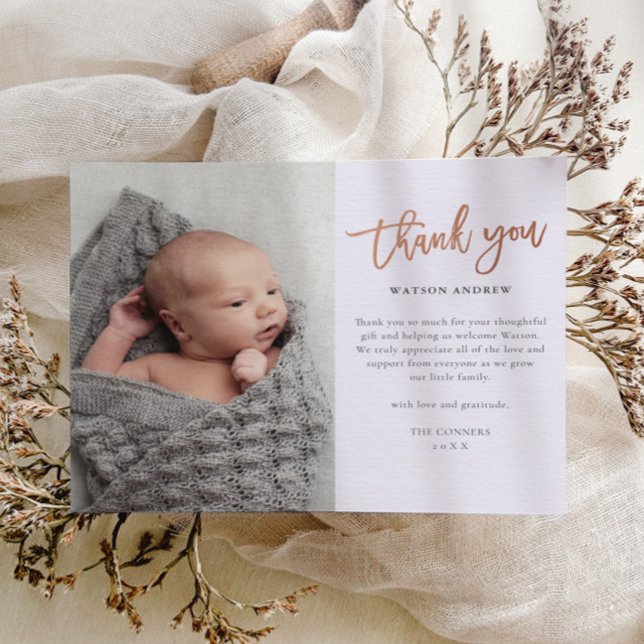 Budget Script Photo Baby Thank You Card (Modern script rose gold photo baby thank you card in lavender.)