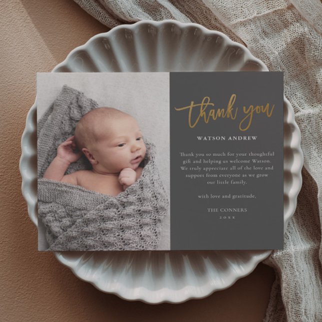 Budget Script Photo Baby Thank You Card (Modern gold script budget baby photo thank you cards.)